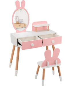 Nyuszis fésülködő asztal gyerekeknek, tükörrel, székkel